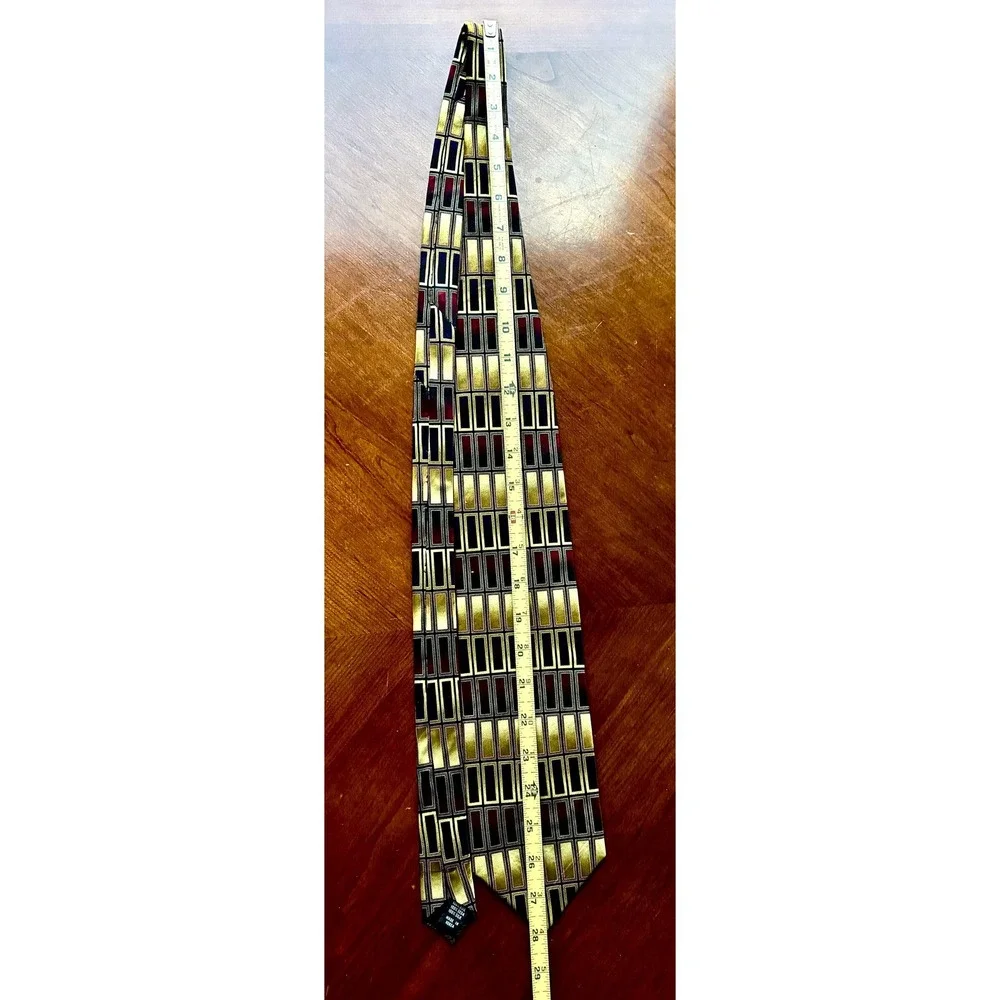 Vintage Bergamo New York Silk Tie Mens Geometric Rectangle Gold Blue Burgundy